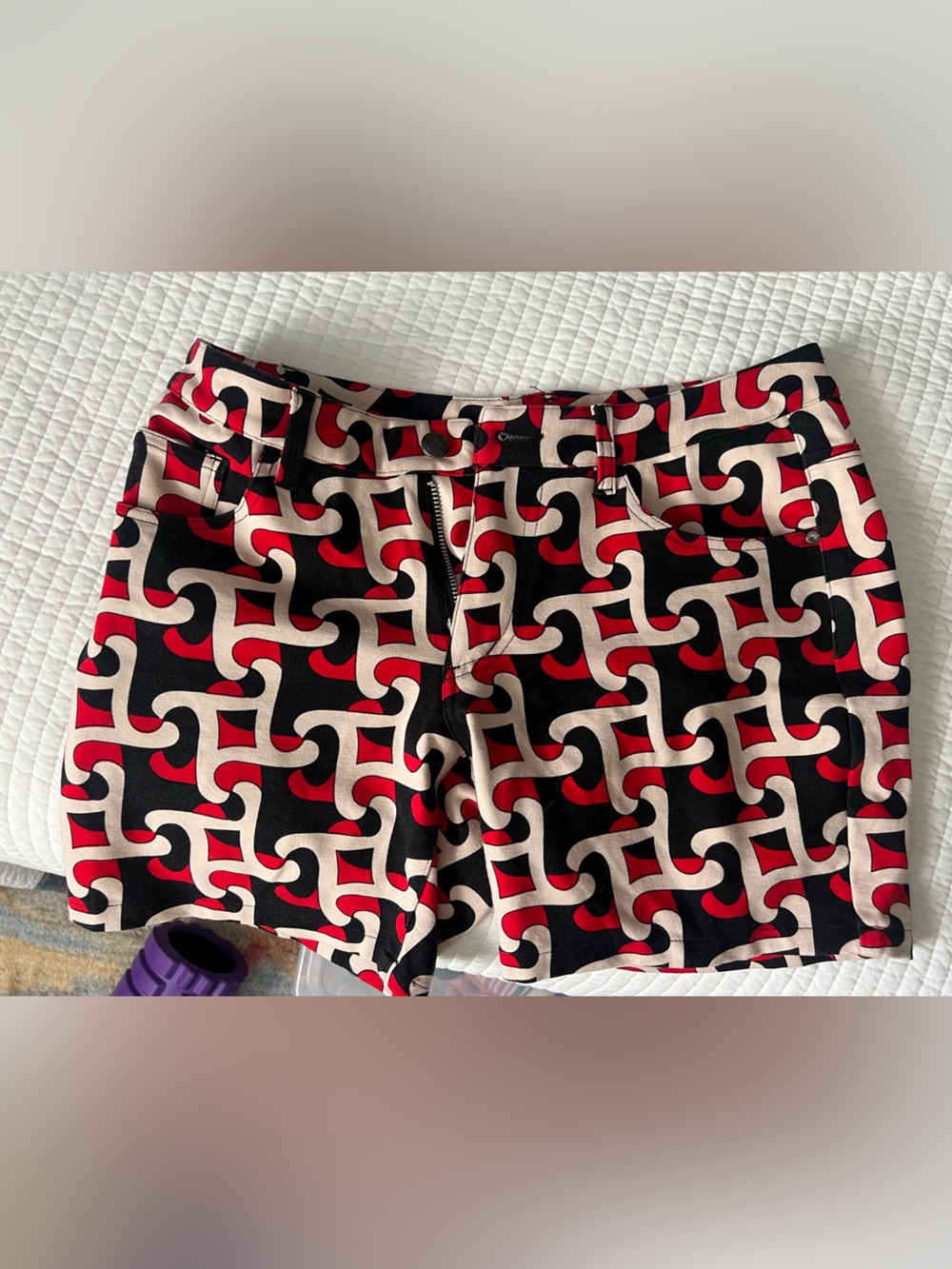 Printed Geometric Men’s Shorts - Black, Red & Cream